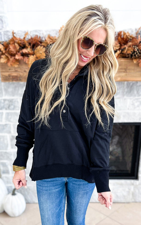 Oversized Drop Shoulder Half Button Knit Hoodie - Black