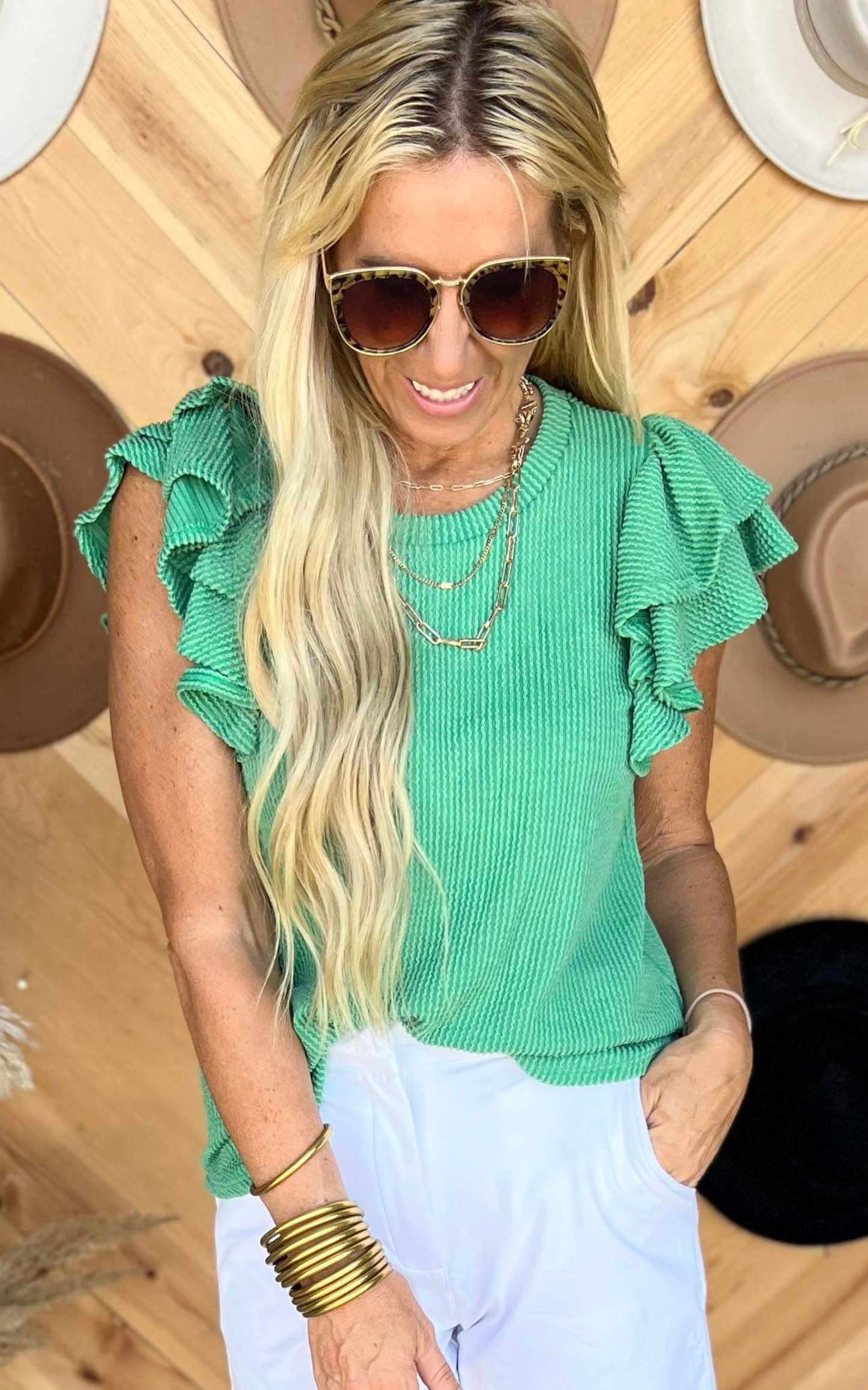 Double Ruffle Sleeve Top - Green - Final Sale