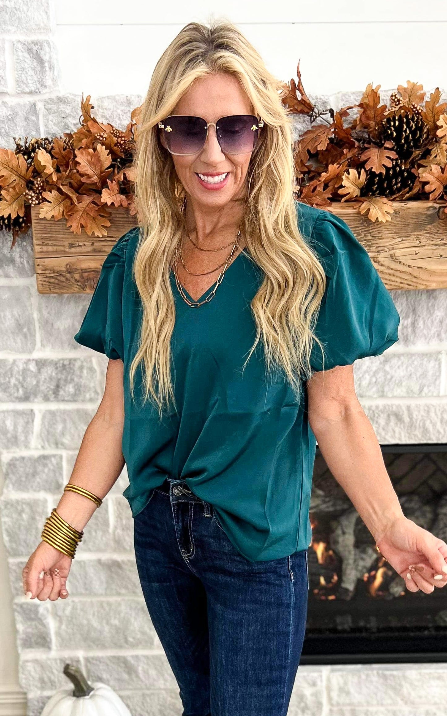 V-Neck Puff Sleeve Blouse Top - Hunter Green