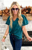 V-Neck Puff Sleeve Blouse Top - Hunter Green