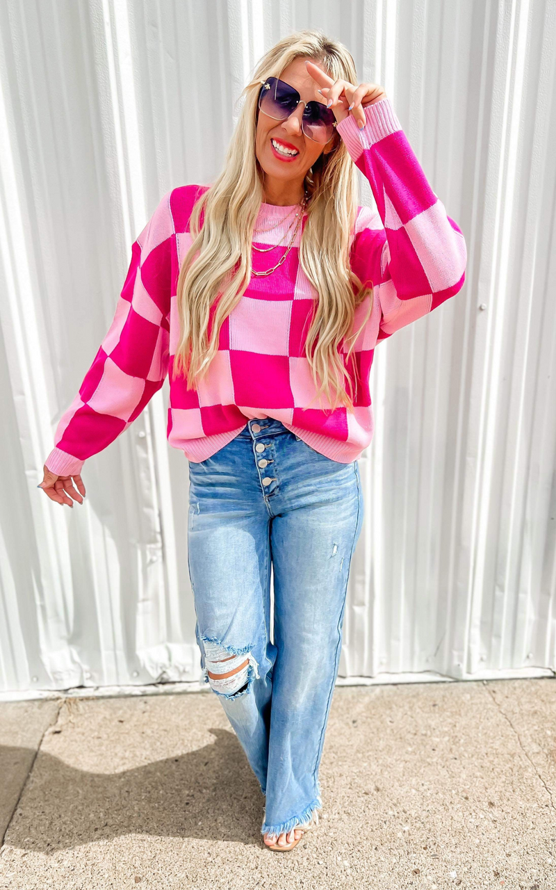 Pink Checkered Sweater BAD HABIT BOUTIQUE