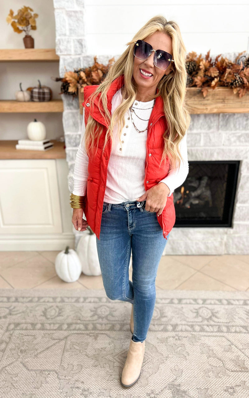Zip Up Button Puffer Vest with Waist Toggles - Tomato
