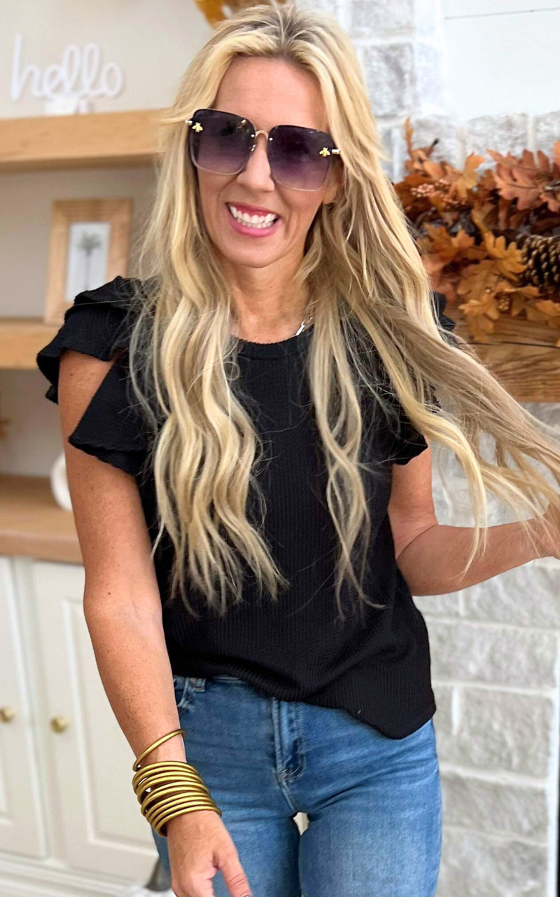 Double Ruffle Sleeve Top - Black