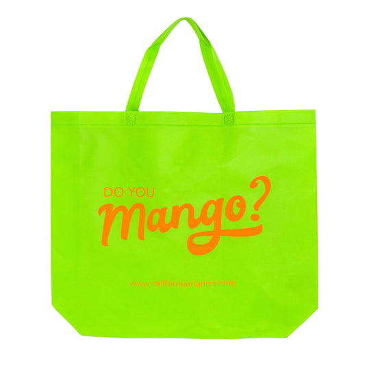 Neon green tote bag with 'Do You Mango?' text on a white background