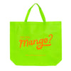 Neon green tote bag with 'Do You Mango?' text on a white background