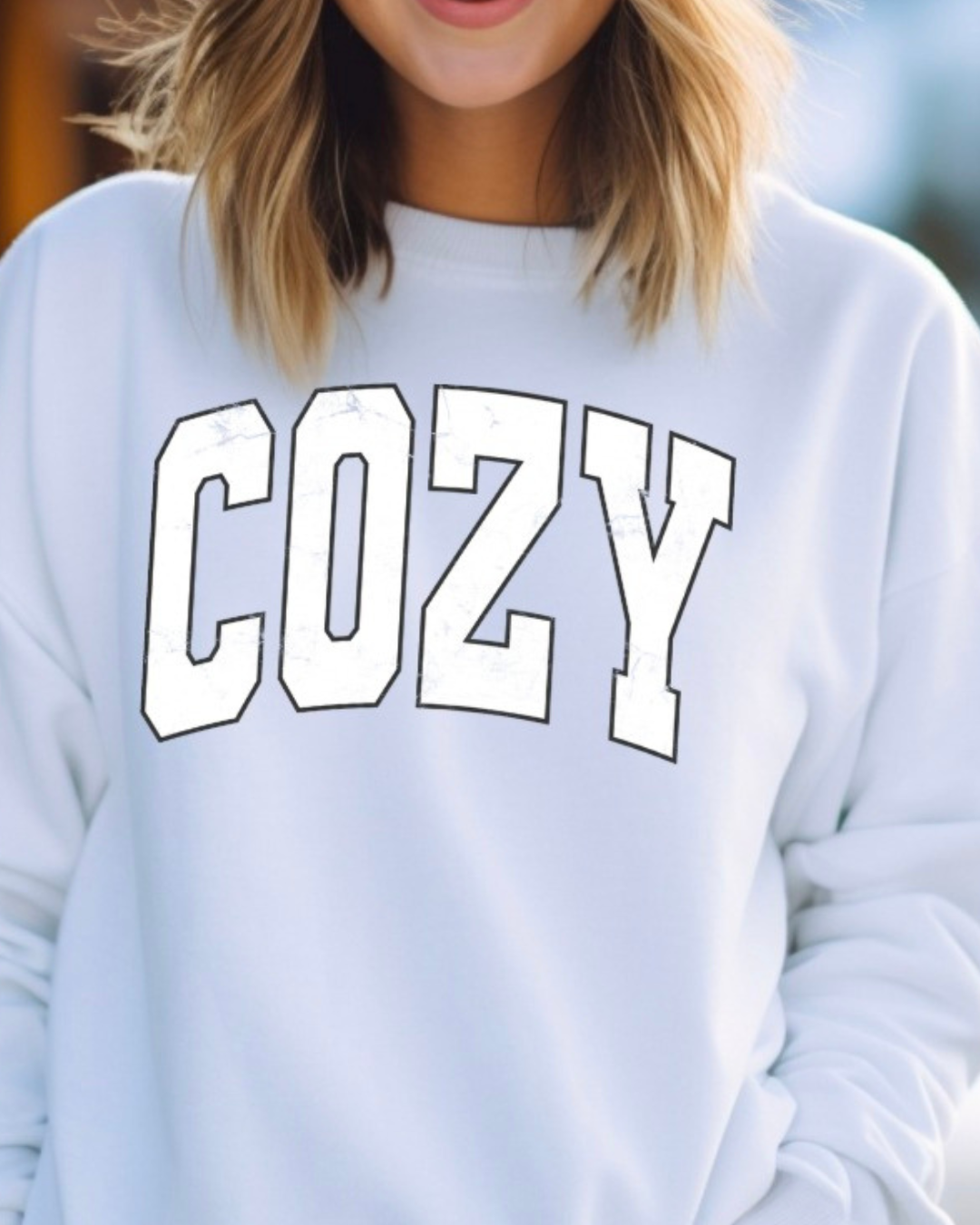 COZY White Crewneck Graphic Sweatshirt