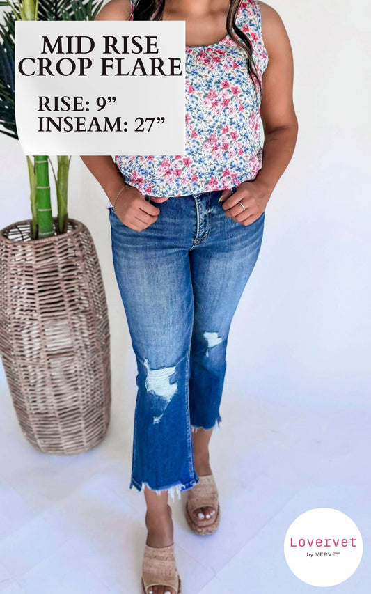 LOVERVET|Spellbound Mid Rise Slant Step Crop Flare Denim Jeans (REG/CURVY)