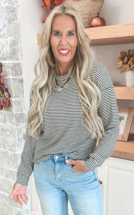 Keep You Warm Textured Stripe  Long Sleeve Pullover Top - Final Sale**