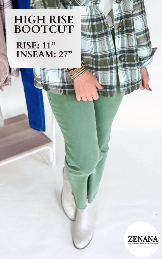Olive Acid Wash High Waisted Bootcut Denim Jeans | Zenana - Final Sale