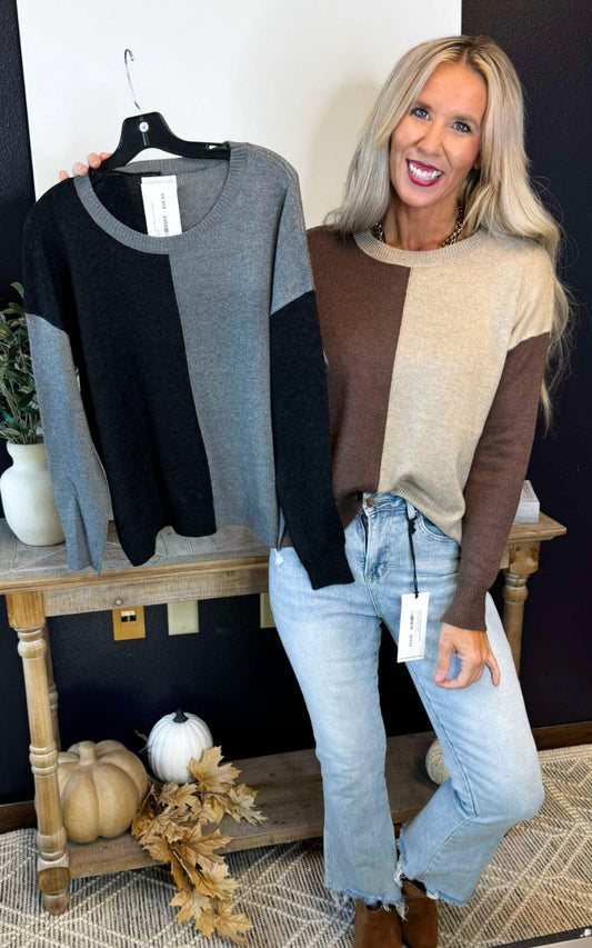 Color Block Basic Round Neck Sweater** - Final Sale