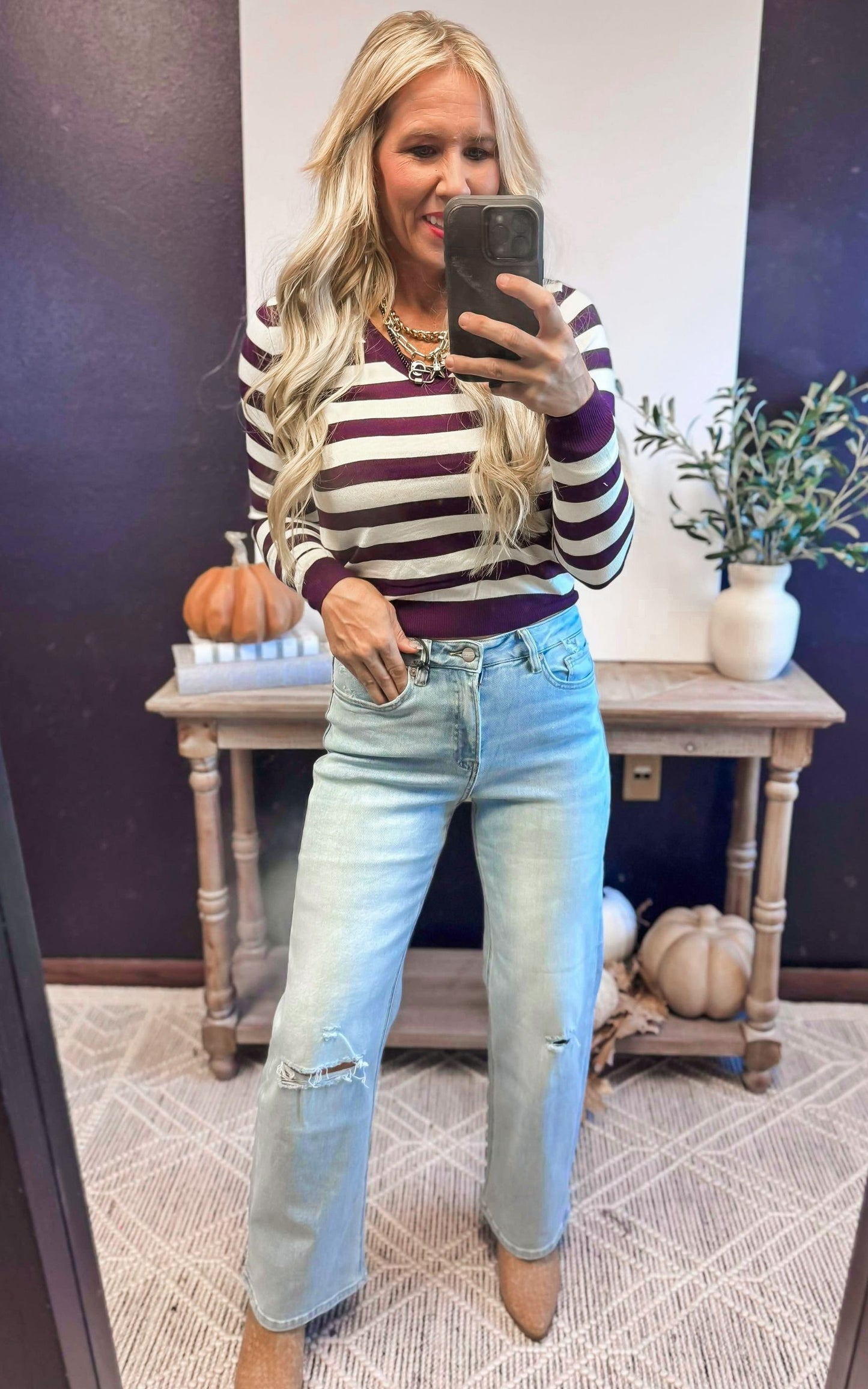 Purple Striped V-Neck Sweater - DEAL