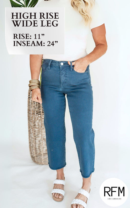 Blue Slate RFM Crop Chloe Tummy Support Wide Leg Denim Jeans - Final Sale