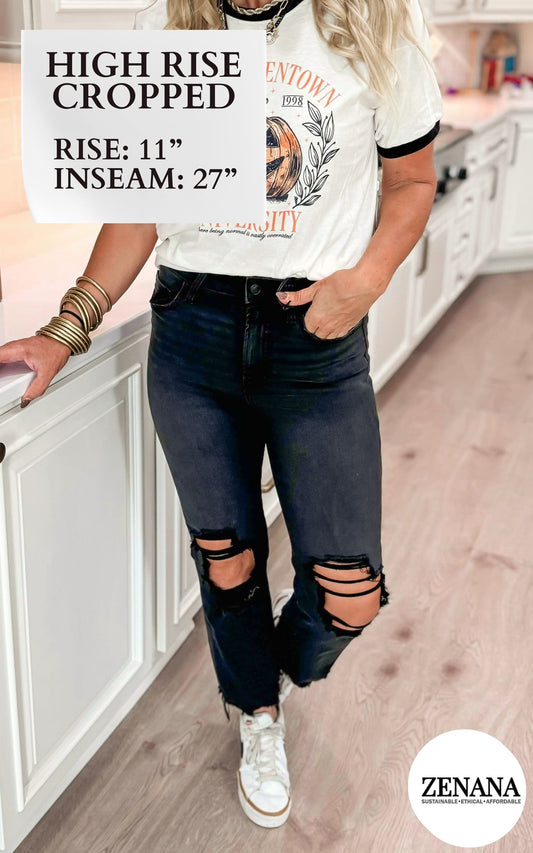 The Tori High Rise Distressed Knee and Hem Denim Jeans | Zenana - Final Sale