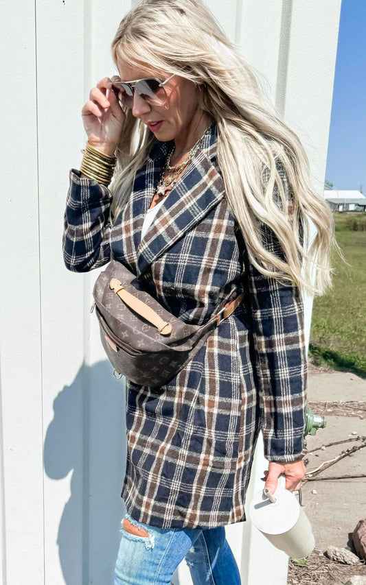 Navy Double Breasted Plaid Long Coat