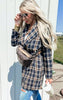 Navy Double Breasted Plaid Long Coat