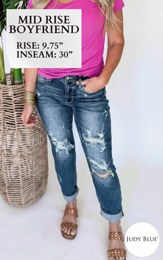 Judy Blue | The Mischa Mid Rise Cuff Destroyed Boyfriend Denim Jean (REG/CURVY)