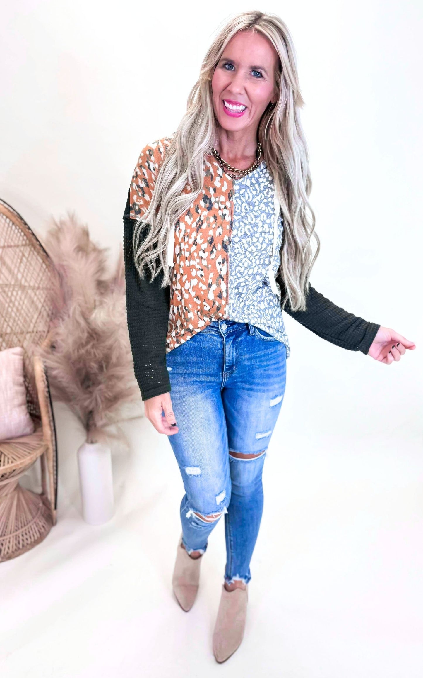 Olive Popcorn Waffle Knit Print Hoodie