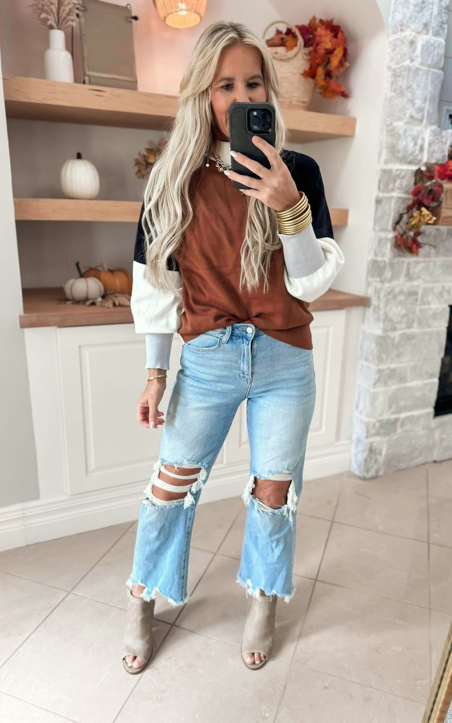 Terracotta Colorblock Mock Neck Sweater Top