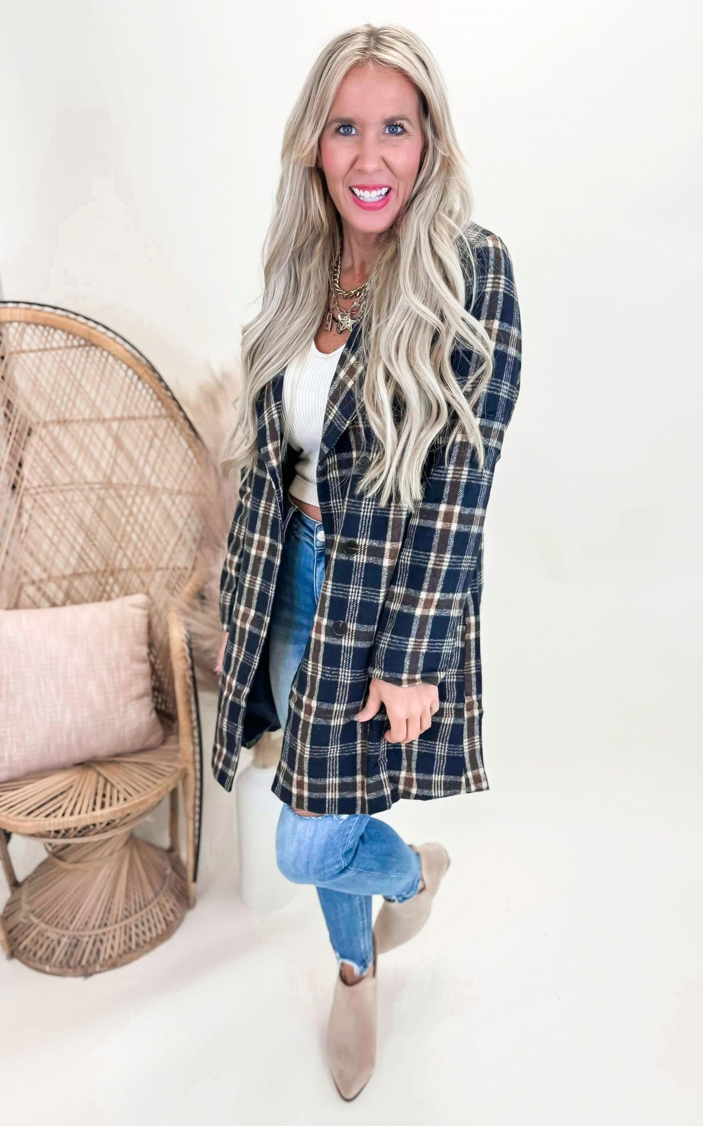 Navy Double Breasted Plaid Long Coat