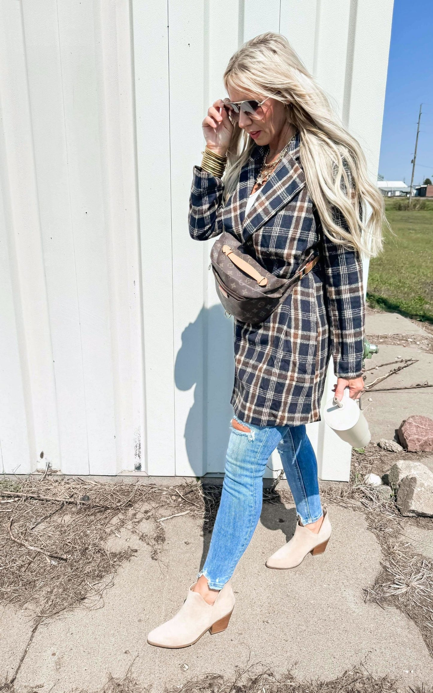 Navy Double Breasted Plaid Long Coat