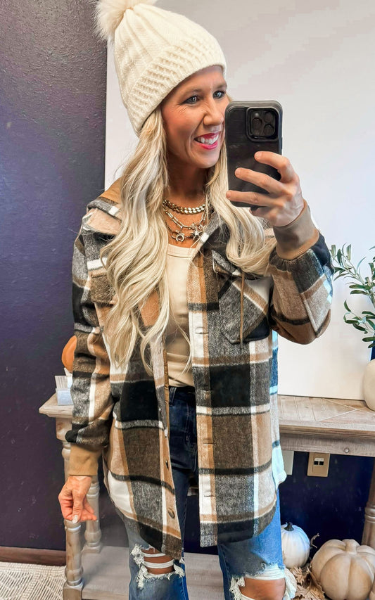 Smores and Bonfire Nights Plaid Hooded Shacket