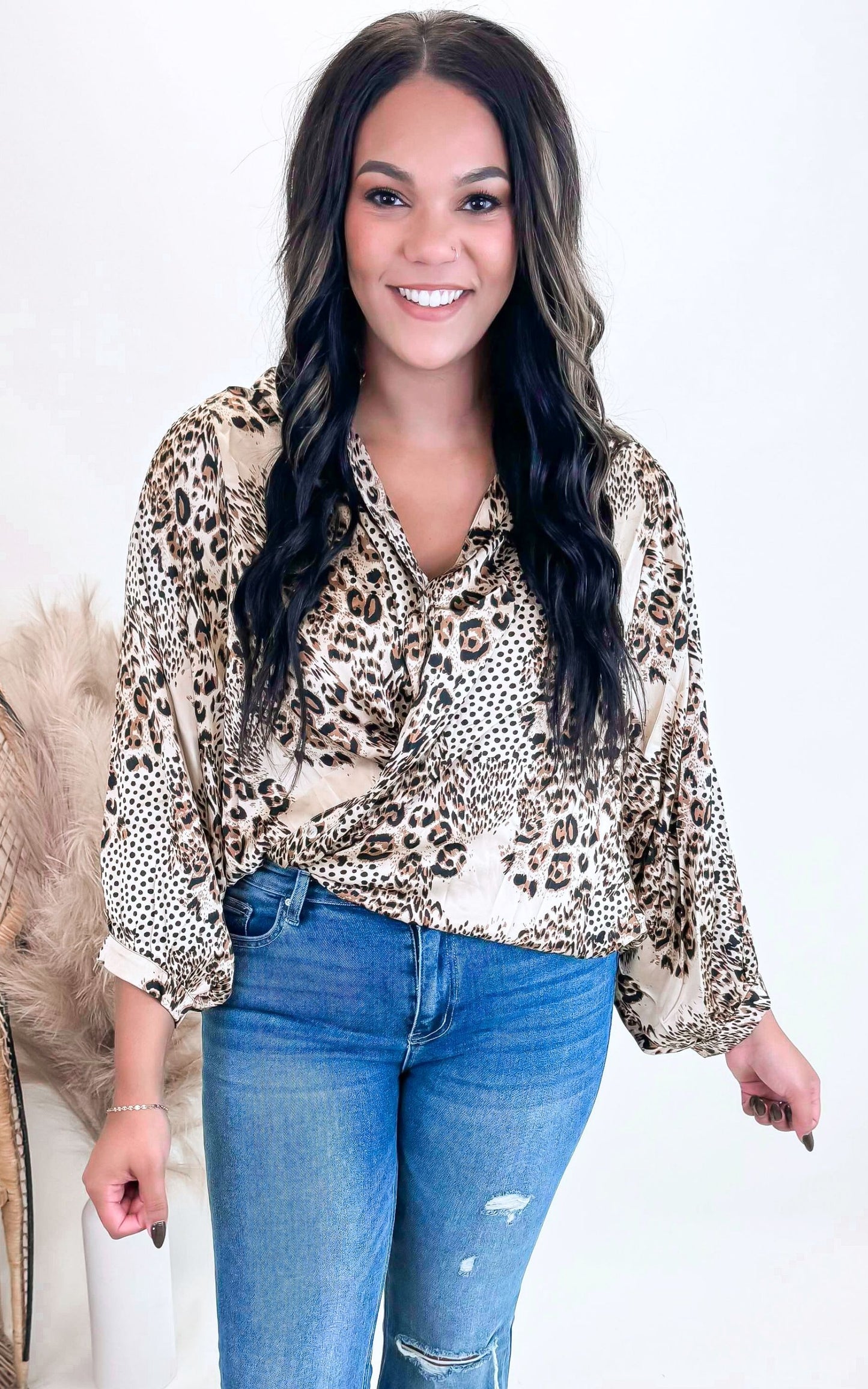Taupe Leopard 3/4 Sleeve Blouse Top**