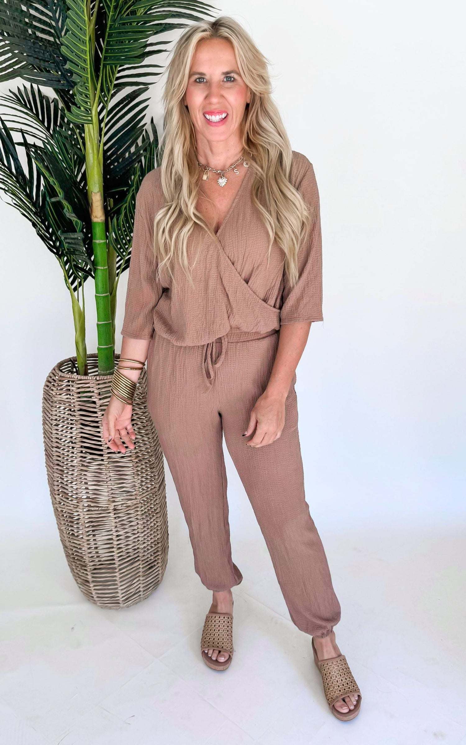 Textured Wrap Front Top - Taupe