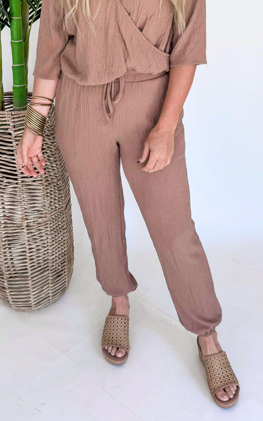 Textured High Waist Joggers - Taupe* - Final Sale