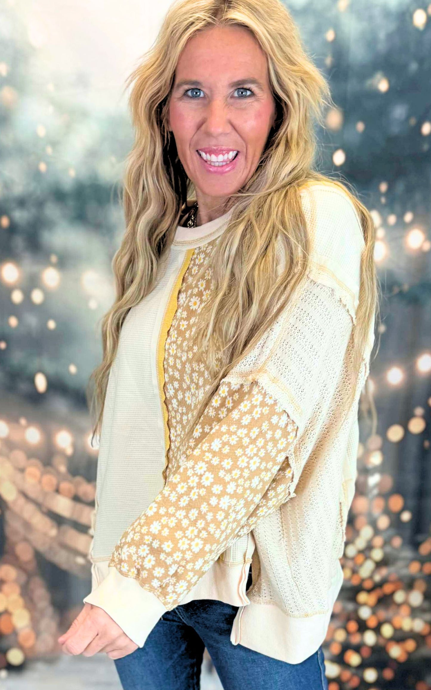 Catching Daisys Balloon Sleeve Contrast Knit Top | POL