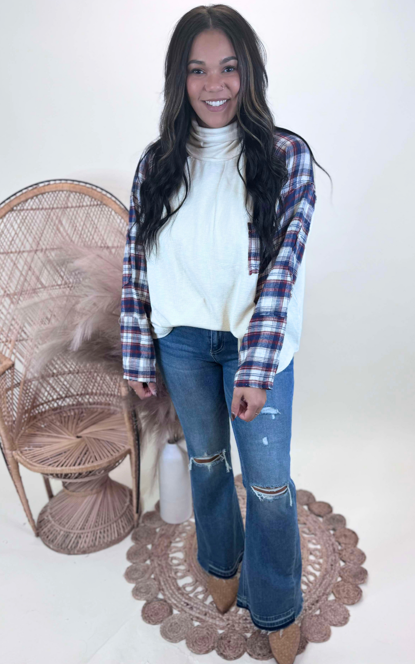 Turtleneck Plaid Contrast Long Sleeve Top | POL