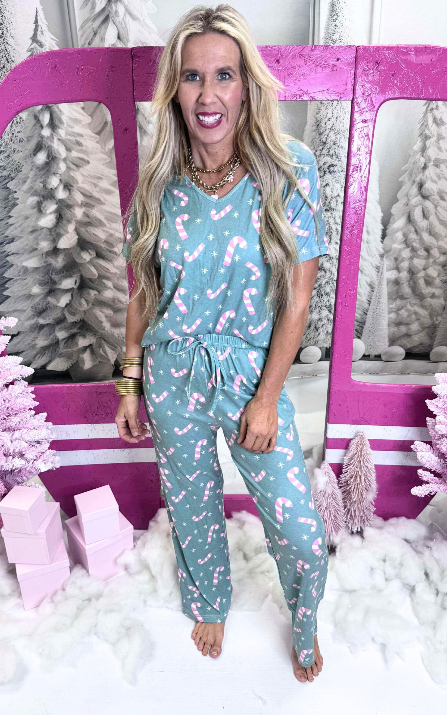 Mint Candy Canes Pajama Pant Set by Salty Wave (TOP & BOTTOM) **Start Ship Date: Nov 29th