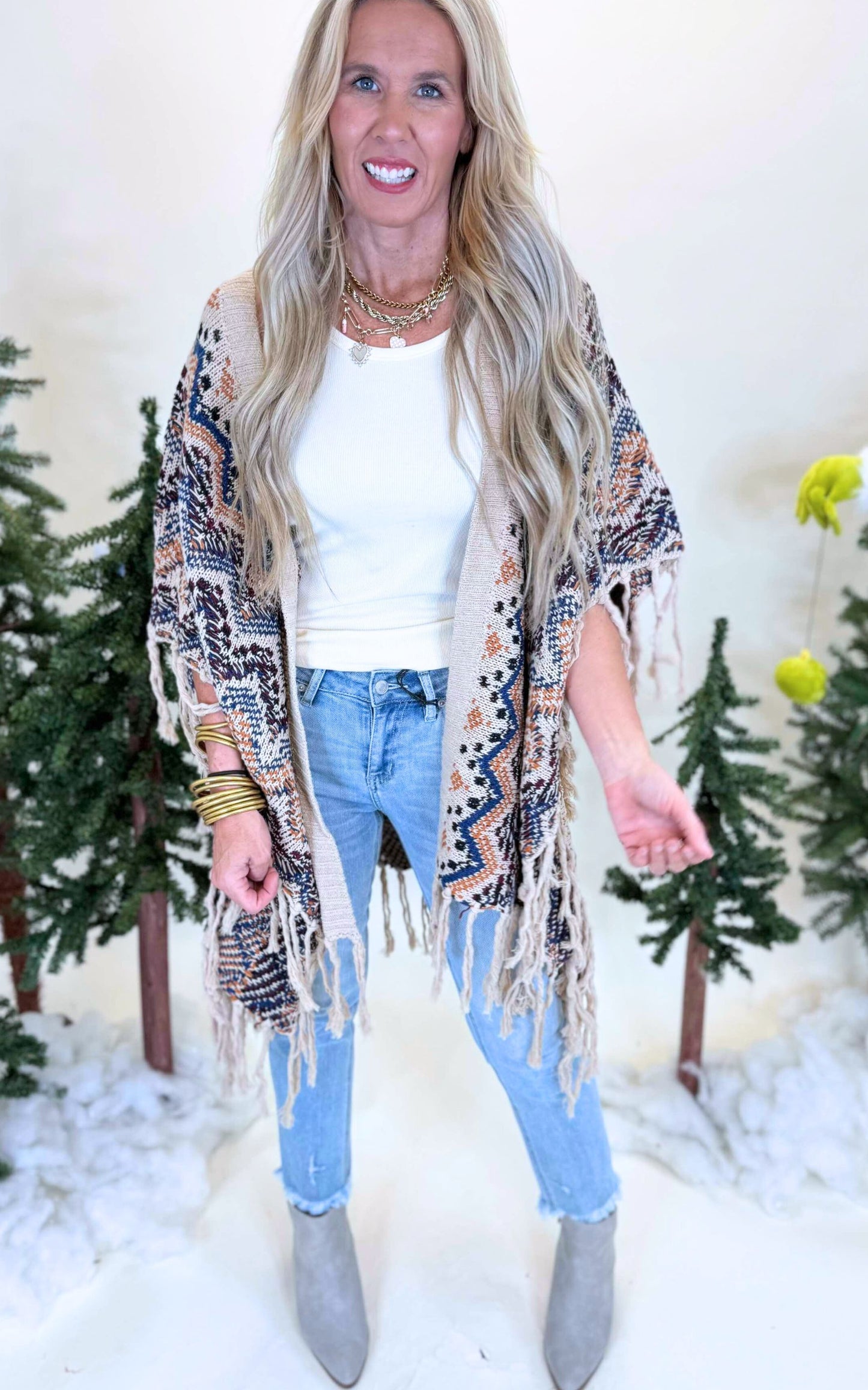 Beige Wavy Knitted Kimono w/ Fringe