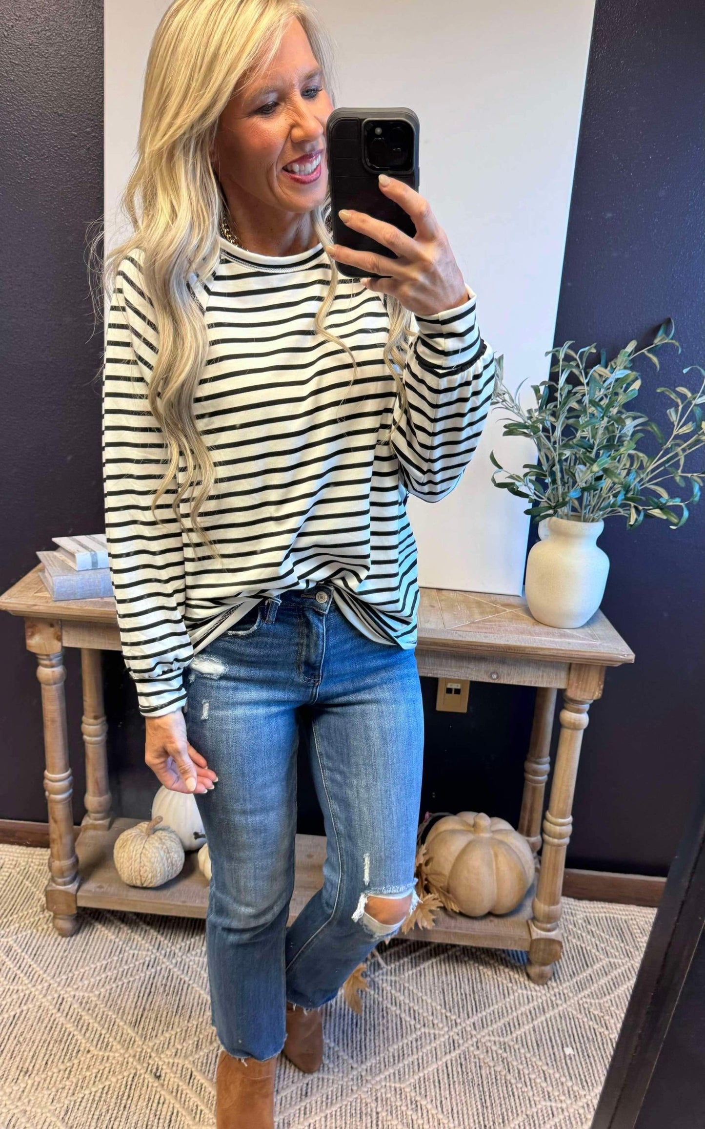 Black/White Stripe Long Sleeve Tunic Top