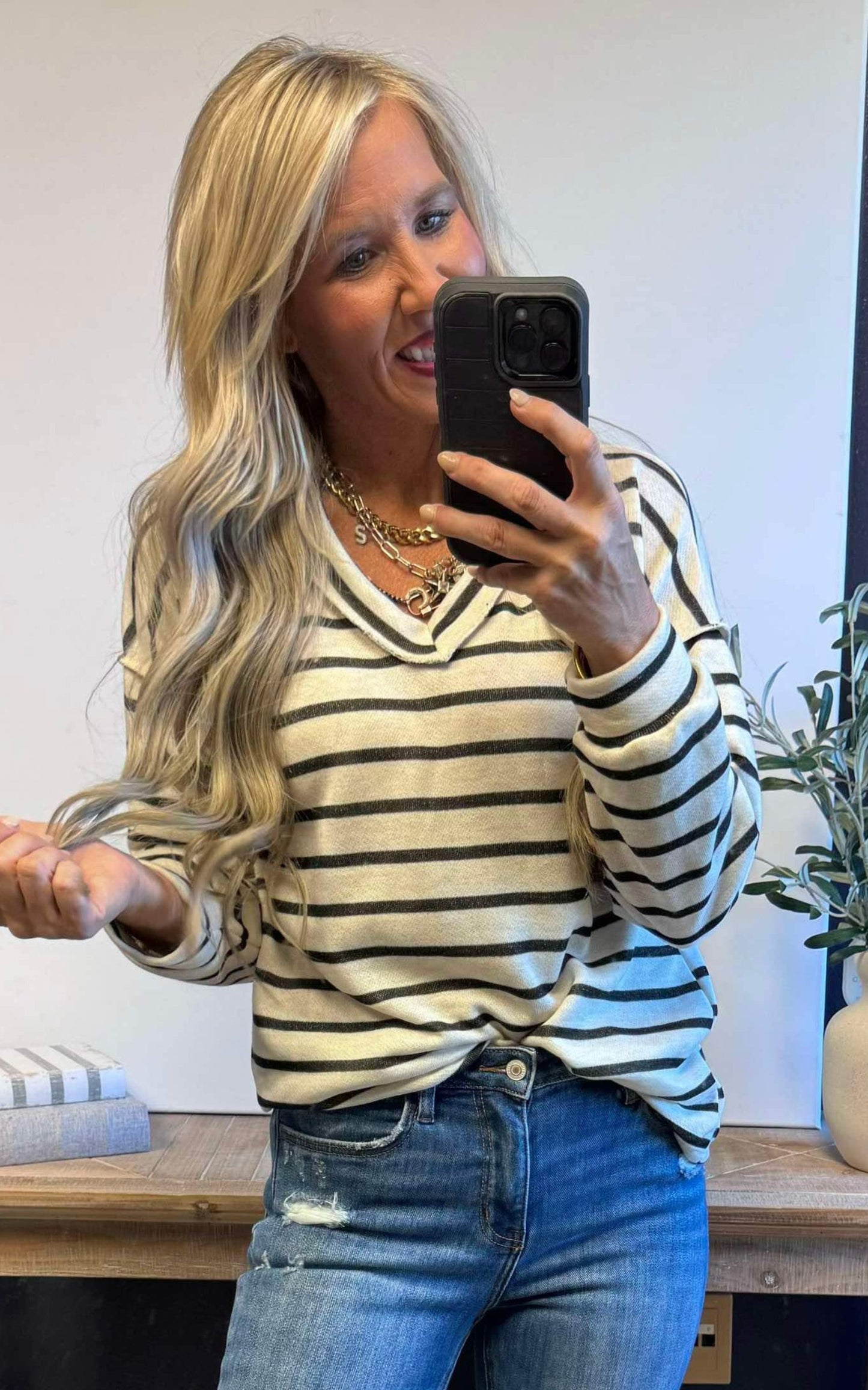 Puff Sleeve Stripe V-Neck Top