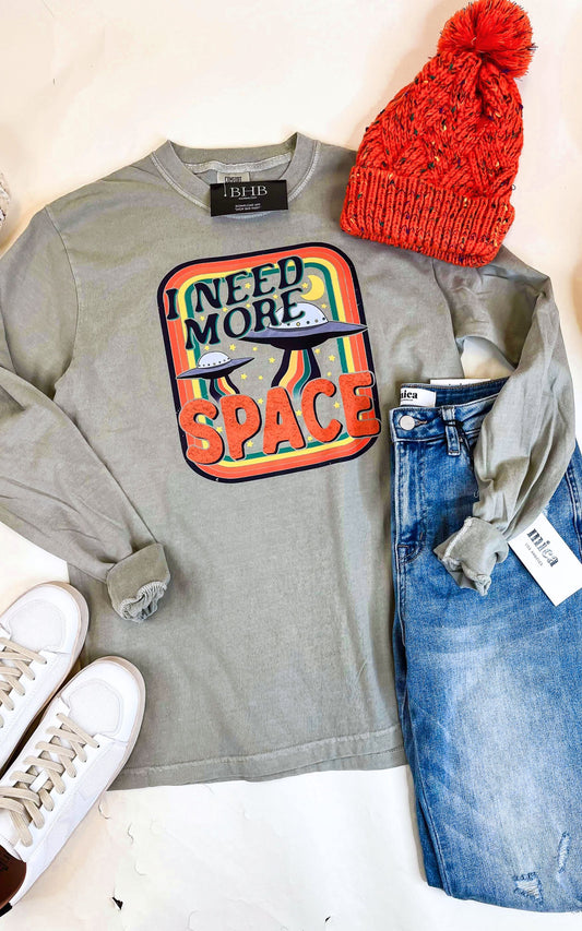 I Need More Space Garment Dyed Long Sleeve Graphic Top**