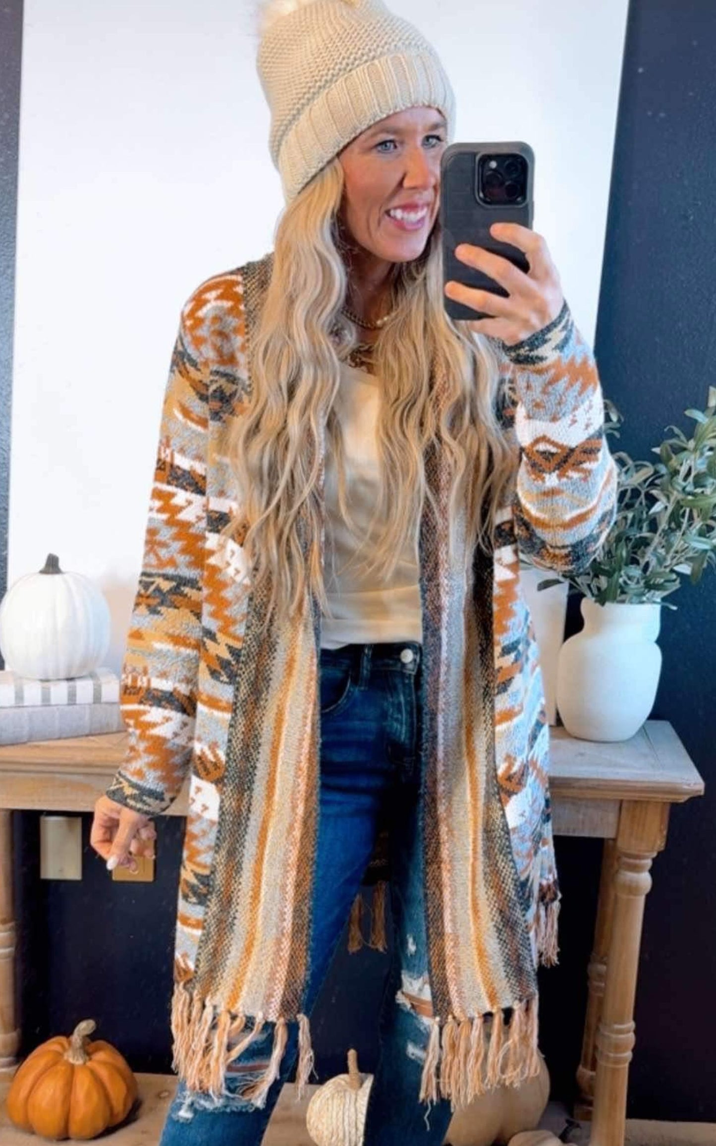 Aztec Bohemian Stripe Cardigan w/ Fringe