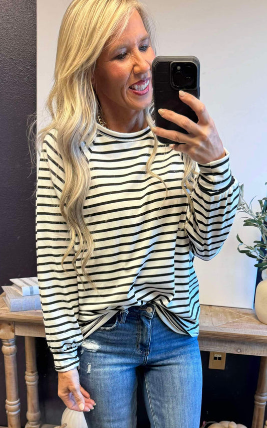 Black/White Stripe Long Sleeve Tunic Top**