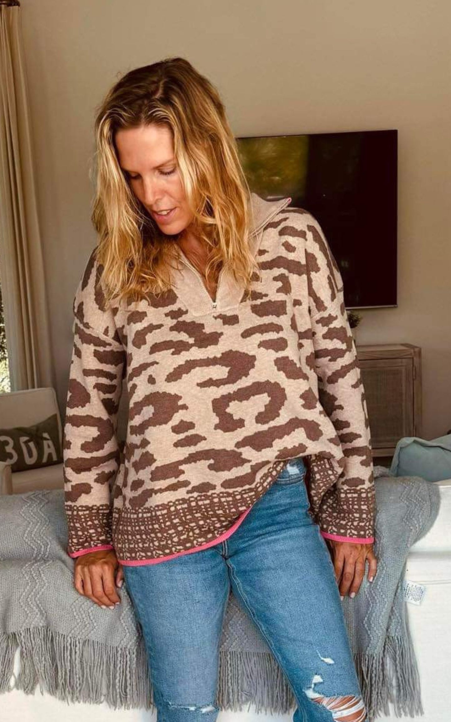 Half Zip Wool Blend Leopard Sweater