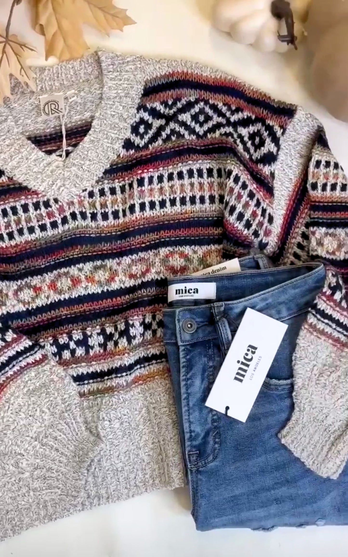 Beige V-Neck Tribal Print Sweater