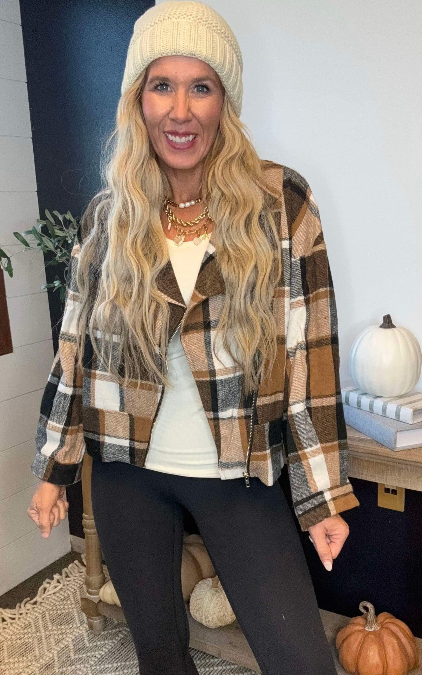 Khaki Plaid Short Jacket Coat