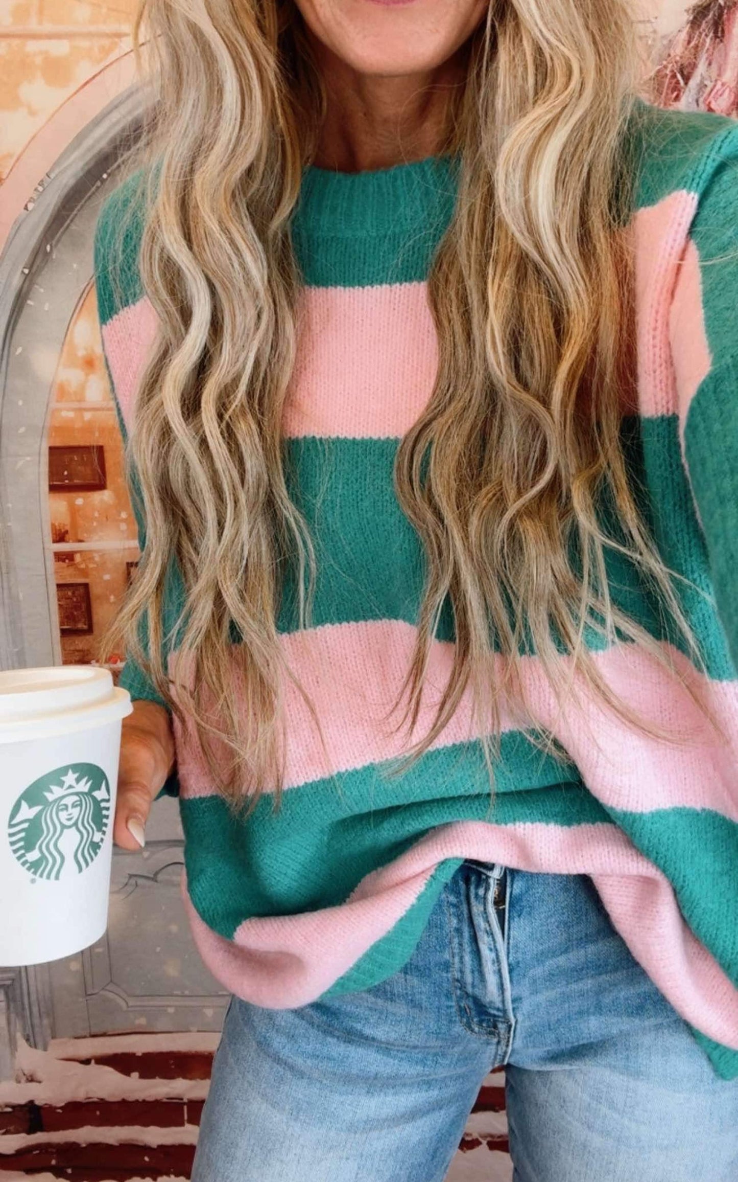 Atlantis Green Striped Knit Sweater Top