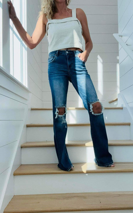 MID RISE DISTRESSED FLARE JEANS | RISEN - Final Sale**