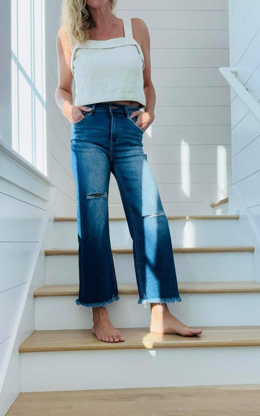 High Rise Frayed Ankle Wide Leg Denim Jeans | RISEN**