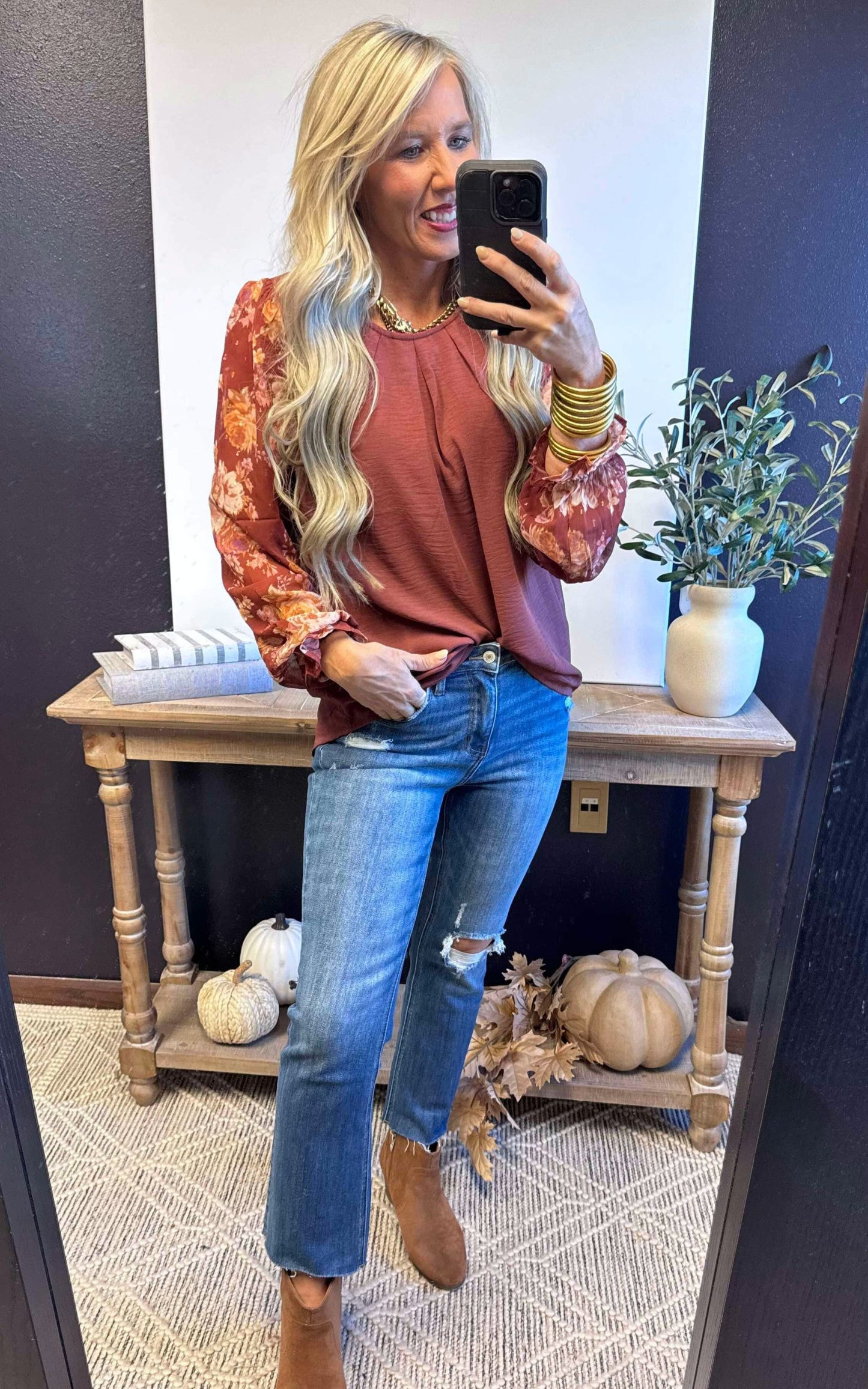 Fall Floral Blouse Knit Top