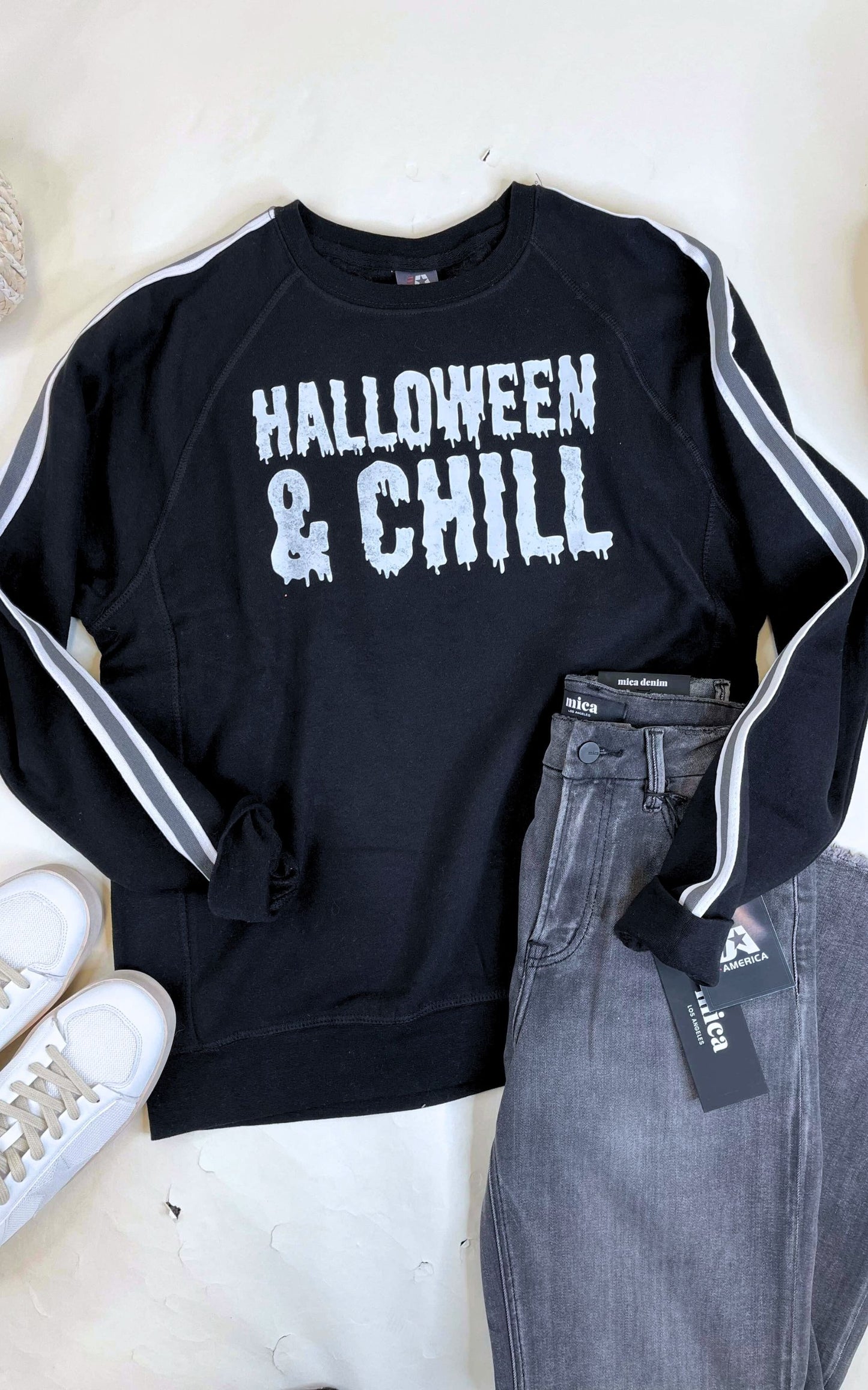 Halloween & Chill Fleece Black w/ Grey Stripe Graphic Sweatshirt