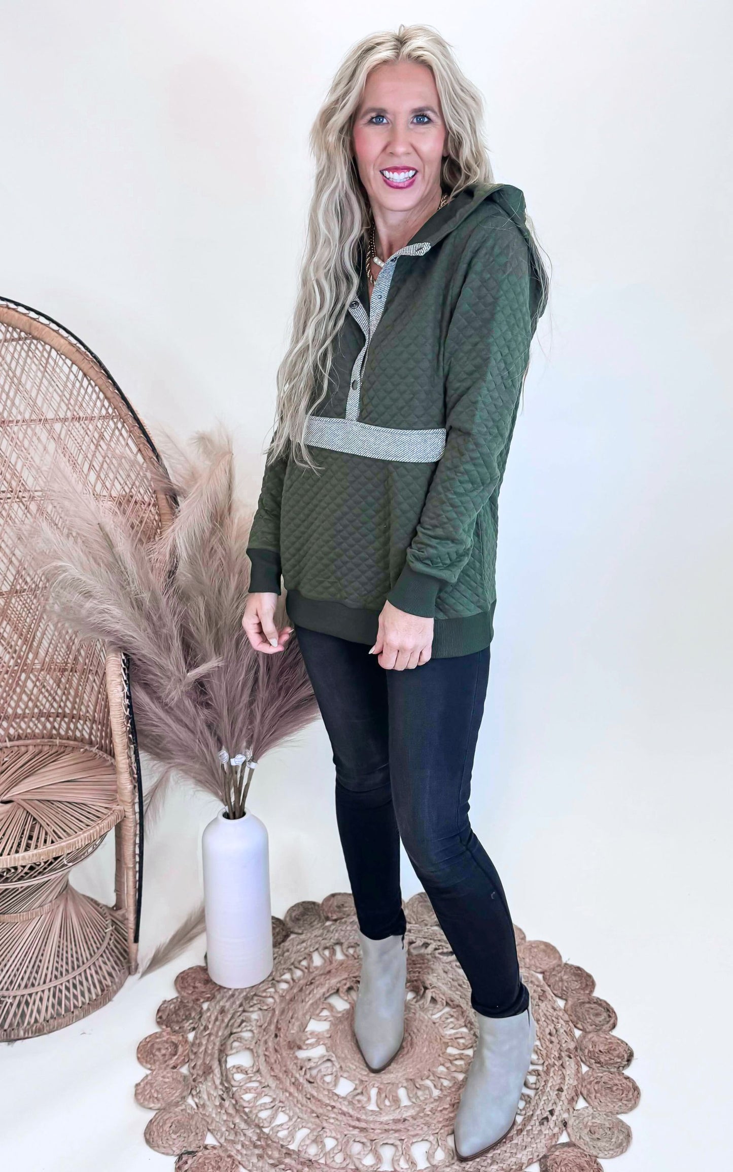 Olive Quilted Hoodie Top