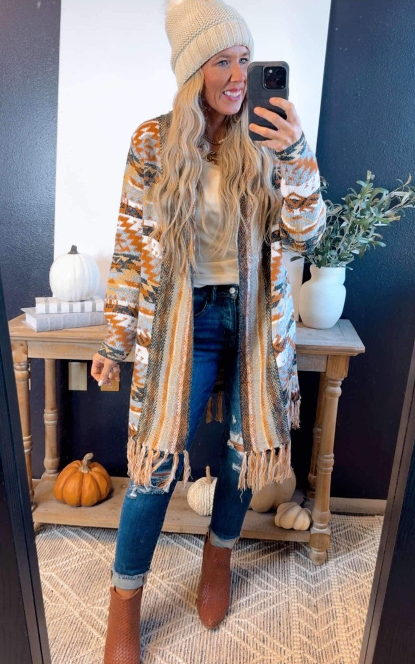 Aztec Bohemian Stripe Cardigan w/ Fringe