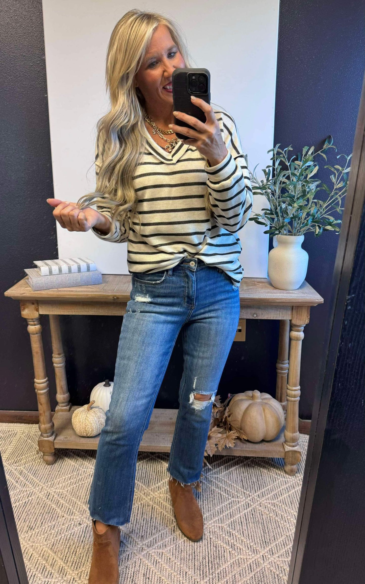 Puff Sleeve Stripe V-Neck Top