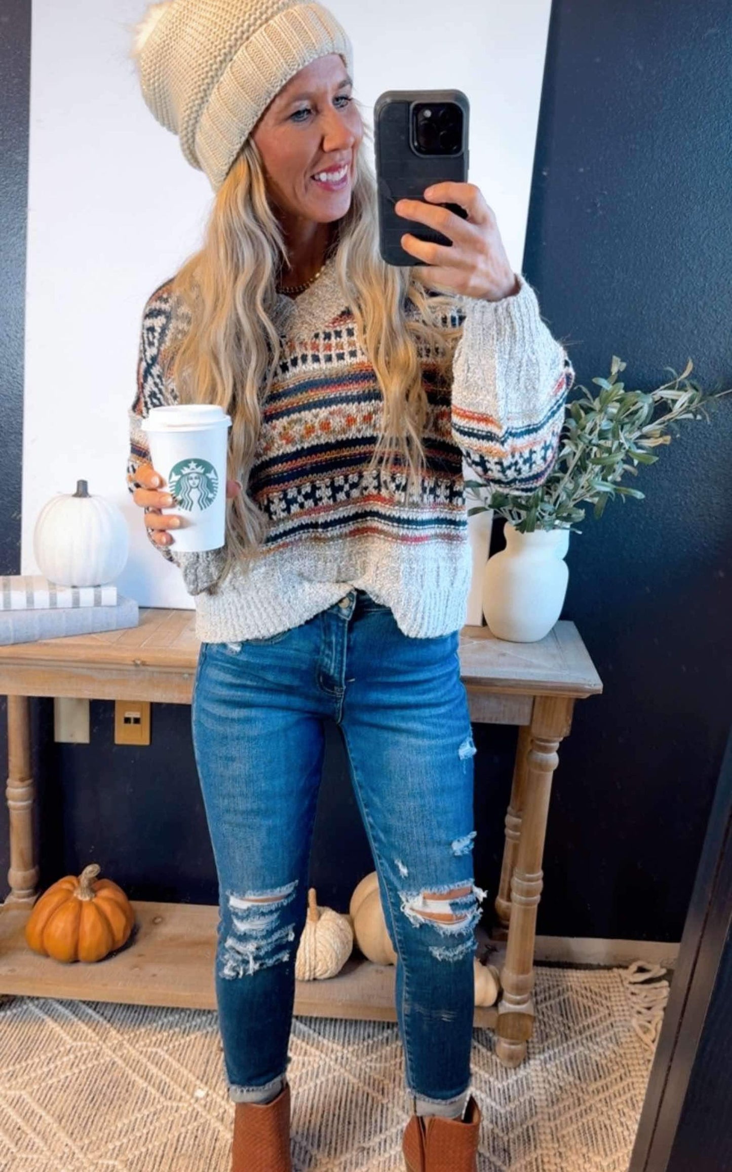 Beige V-Neck Tribal Print Sweater