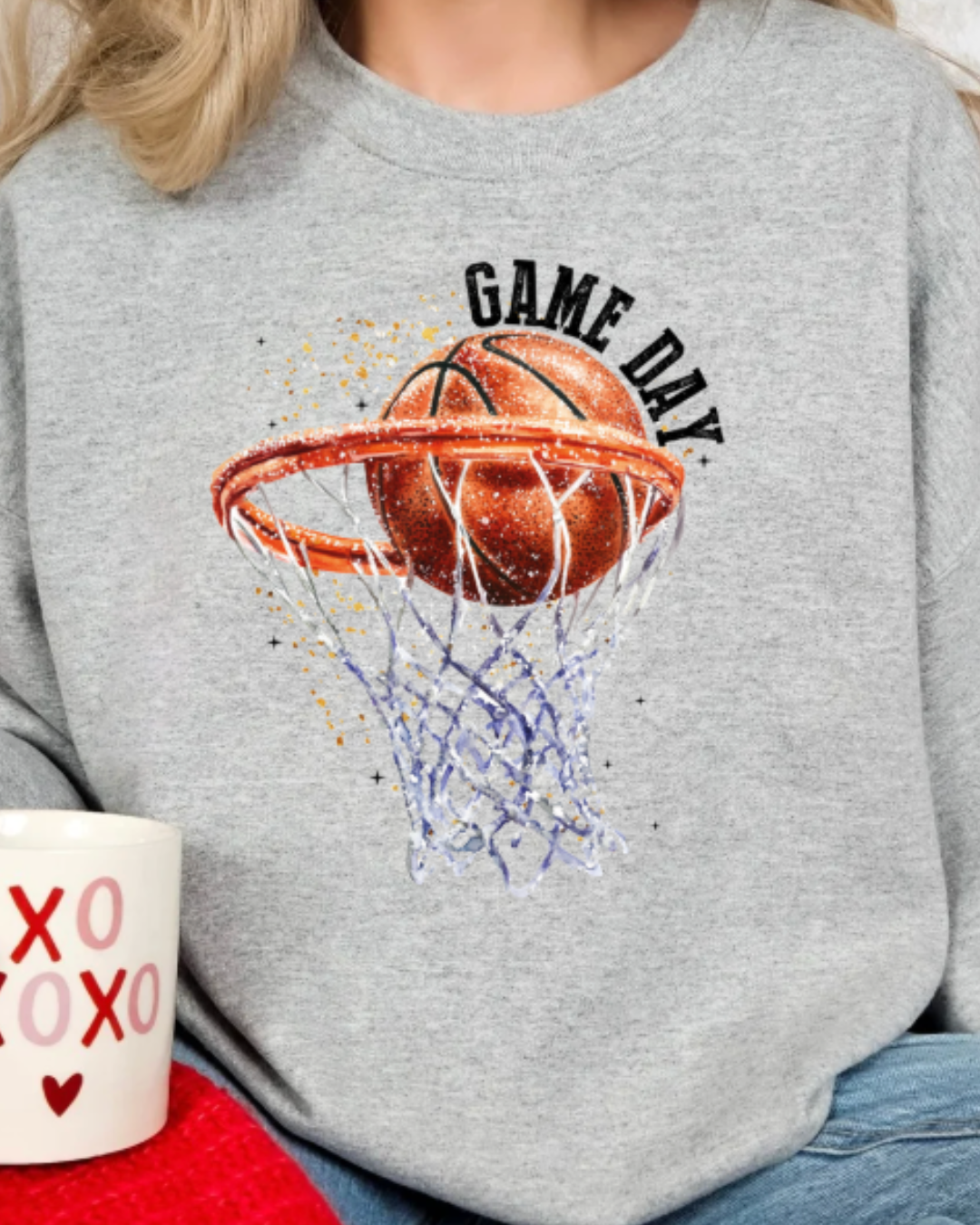 Basketball Game Day Ash Crewneck Graphic Sweatshirt